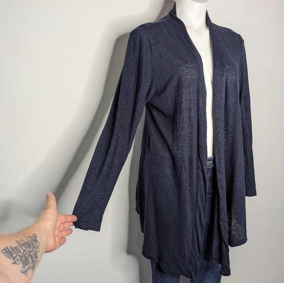 J Jill Blue Sheer Lightweight Knit Open Cardigan Linen Sweater M - Picture 3 of 7
